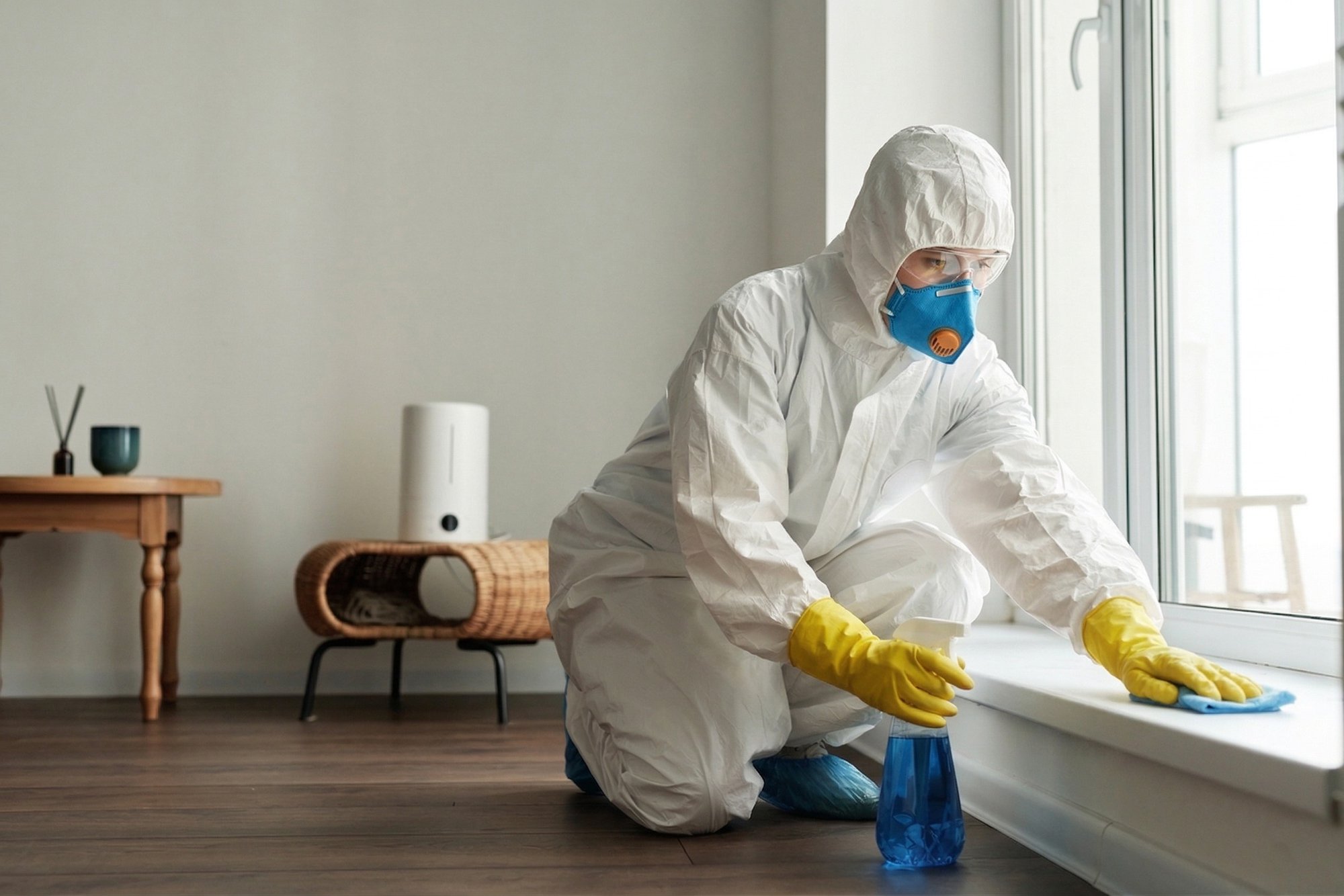 Professional cleaner providing quality disinfecting services in a home.